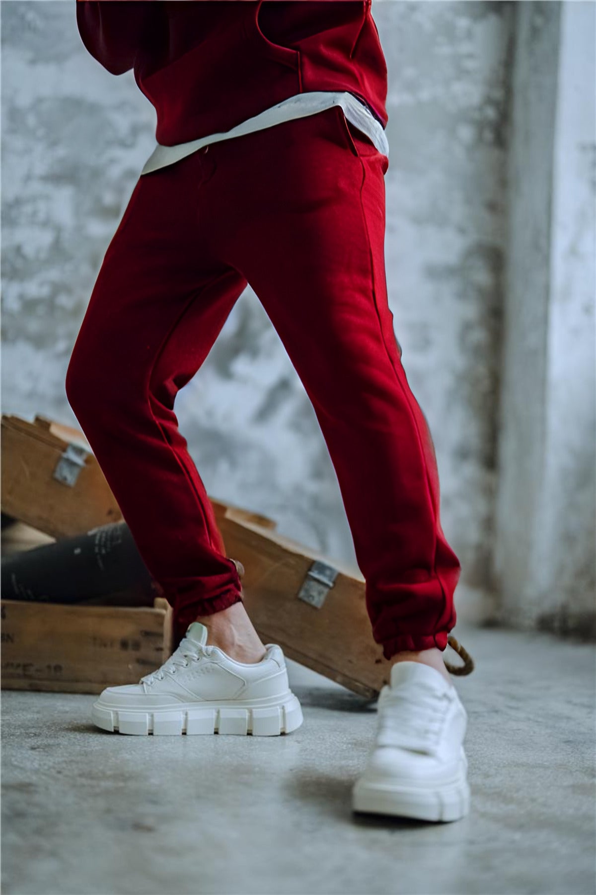 Erkek Kapşonlu Oversize 3 İ̇plik Şardonlu Lastikli Paça Eşofman Takımı - Bordo - 5
