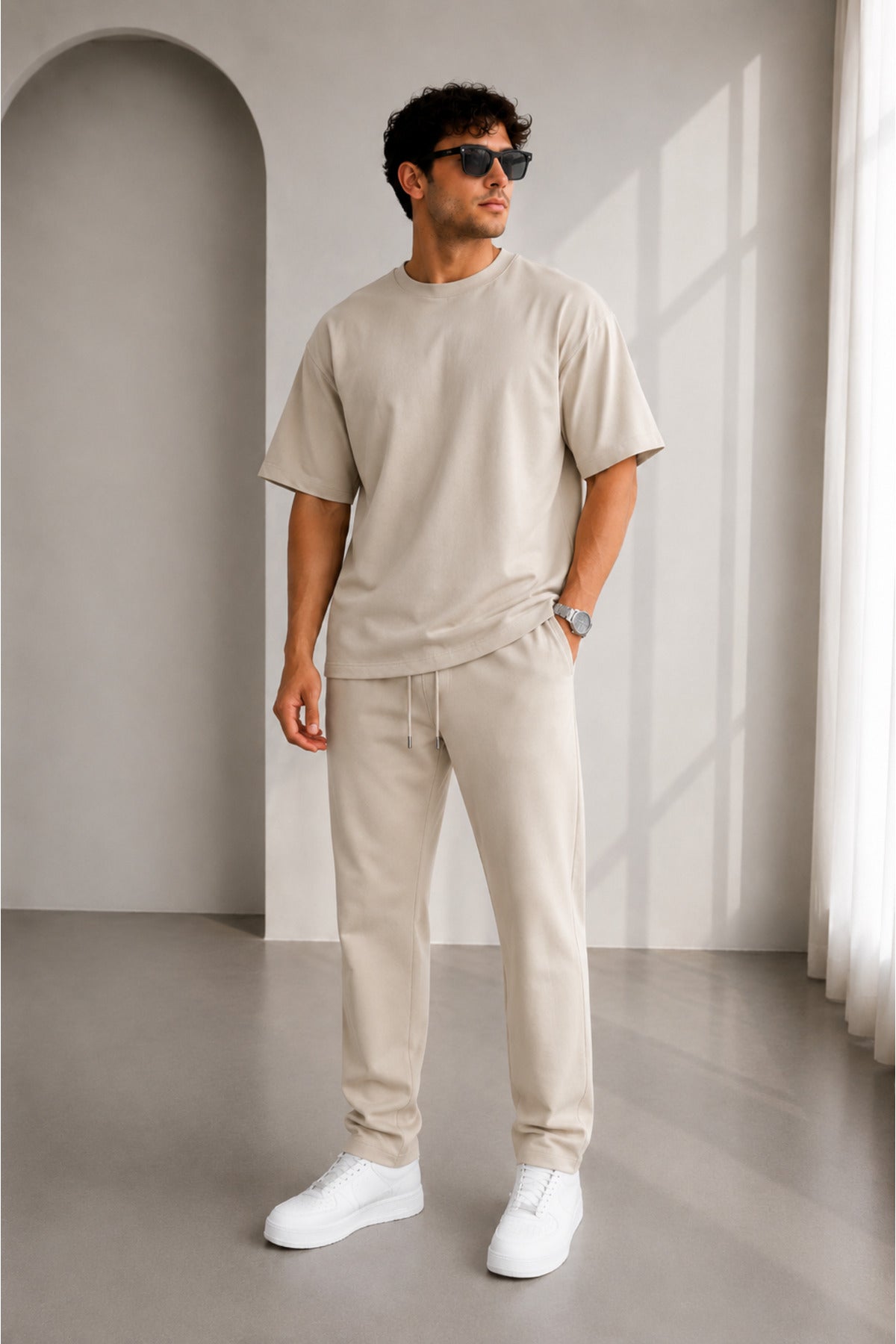 Erkek Oversize Basic İ̇kili Takım Bisiklet Yaka Rahat Kalıp Günlük Eşofman Takımı - Bej - 2