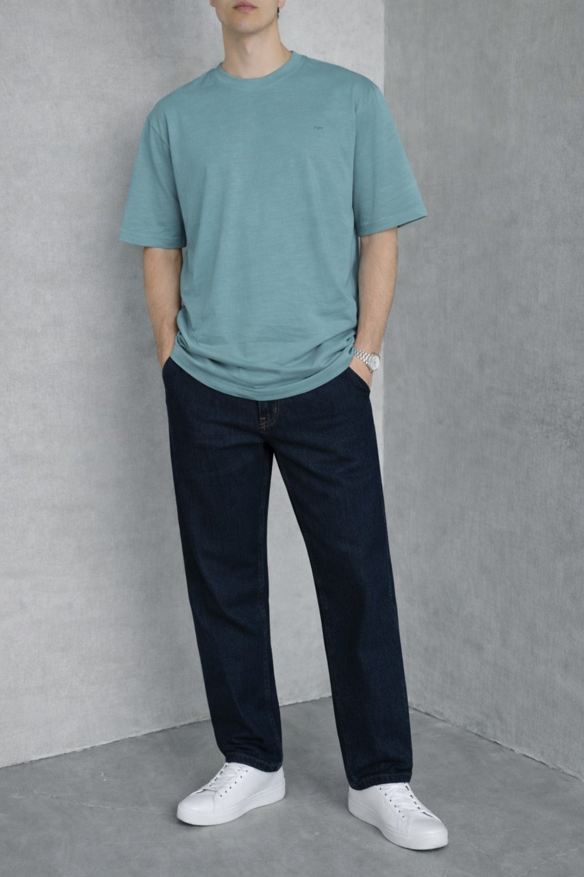 Erkek Siyah Basic Oversize Tişört Rahat Kalıp Düz Minimal Pamuklu Günlük T-shirt - Turkuaz - 3