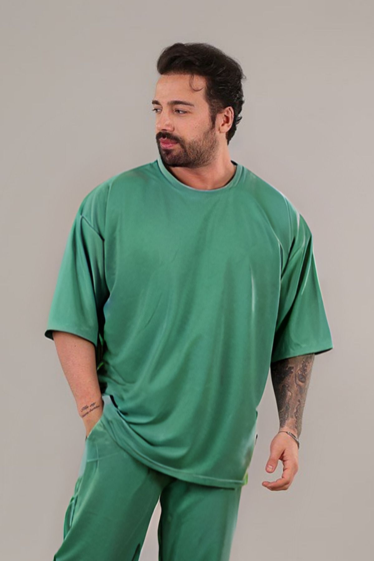 Erkek Oversize Comfort Penye T-shirt - Yeşil - 2