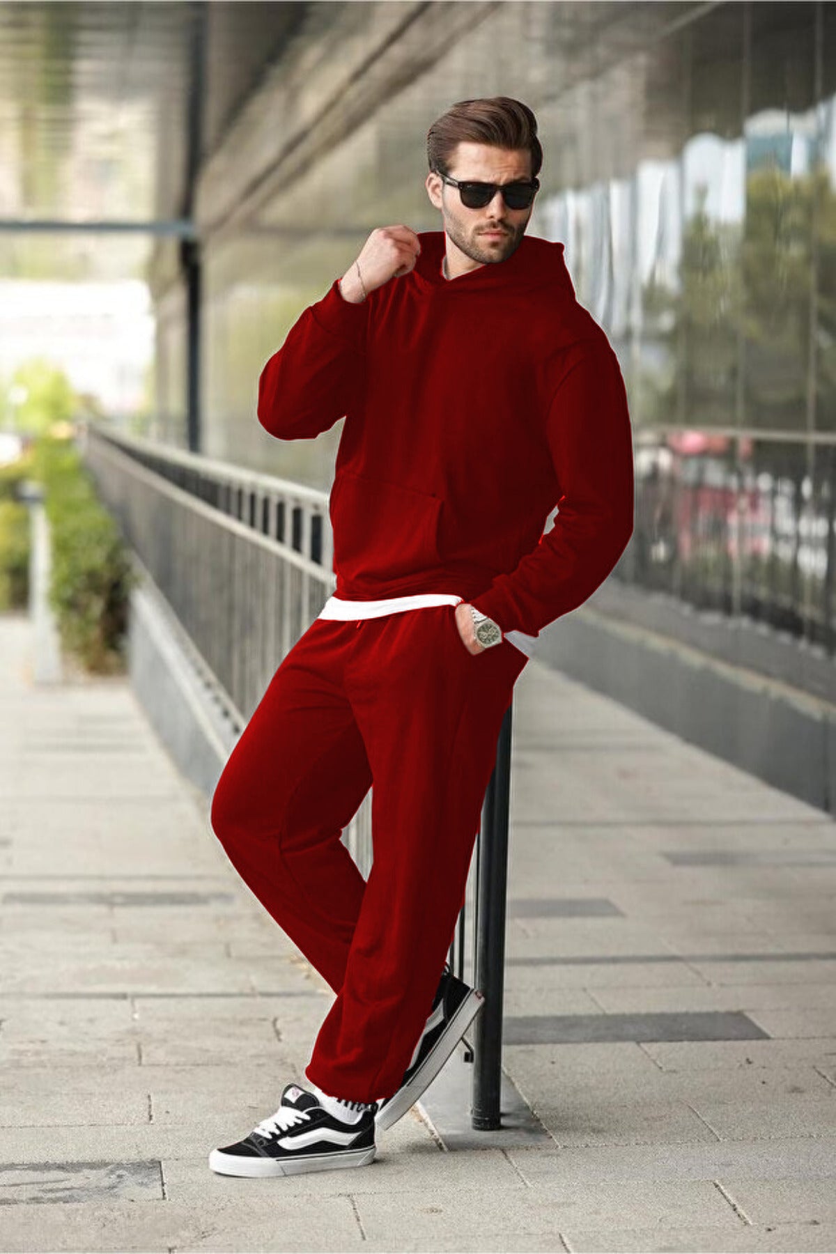 Erkek Hoodie Bol Paça Baggy Salaş Kapşonlu Rahat Kesim Eşofman Takımı - Kırmızı - 1