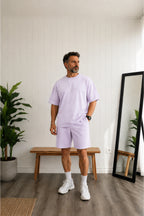 Erkek Oversize Basic Tişört Şort Takım Günlük Kısa Kollu Yazlık Eşofman Takımı - Lila - 2