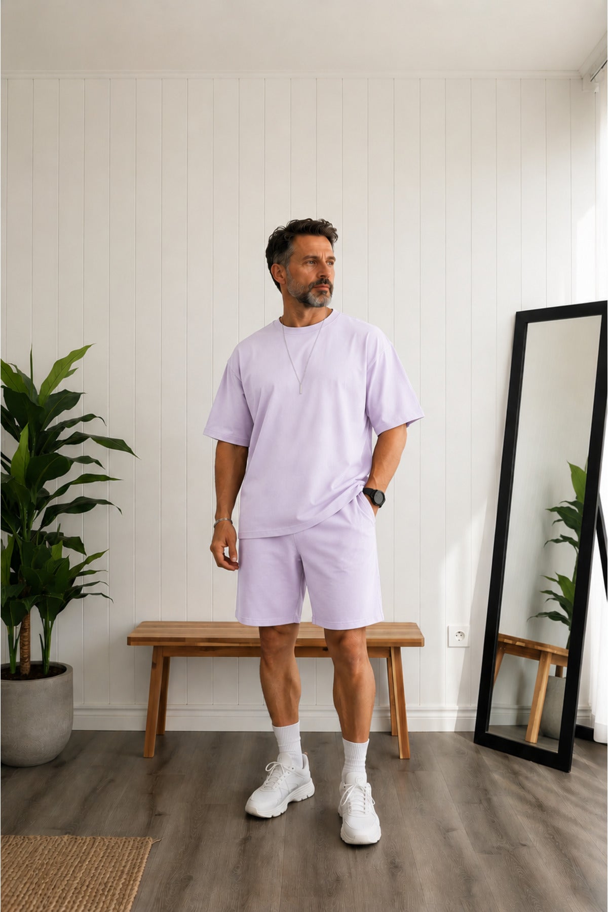Erkek Oversize Basic Tişört Şort Takım Günlük Kısa Kollu Yazlık Eşofman Takımı - Lila - 2