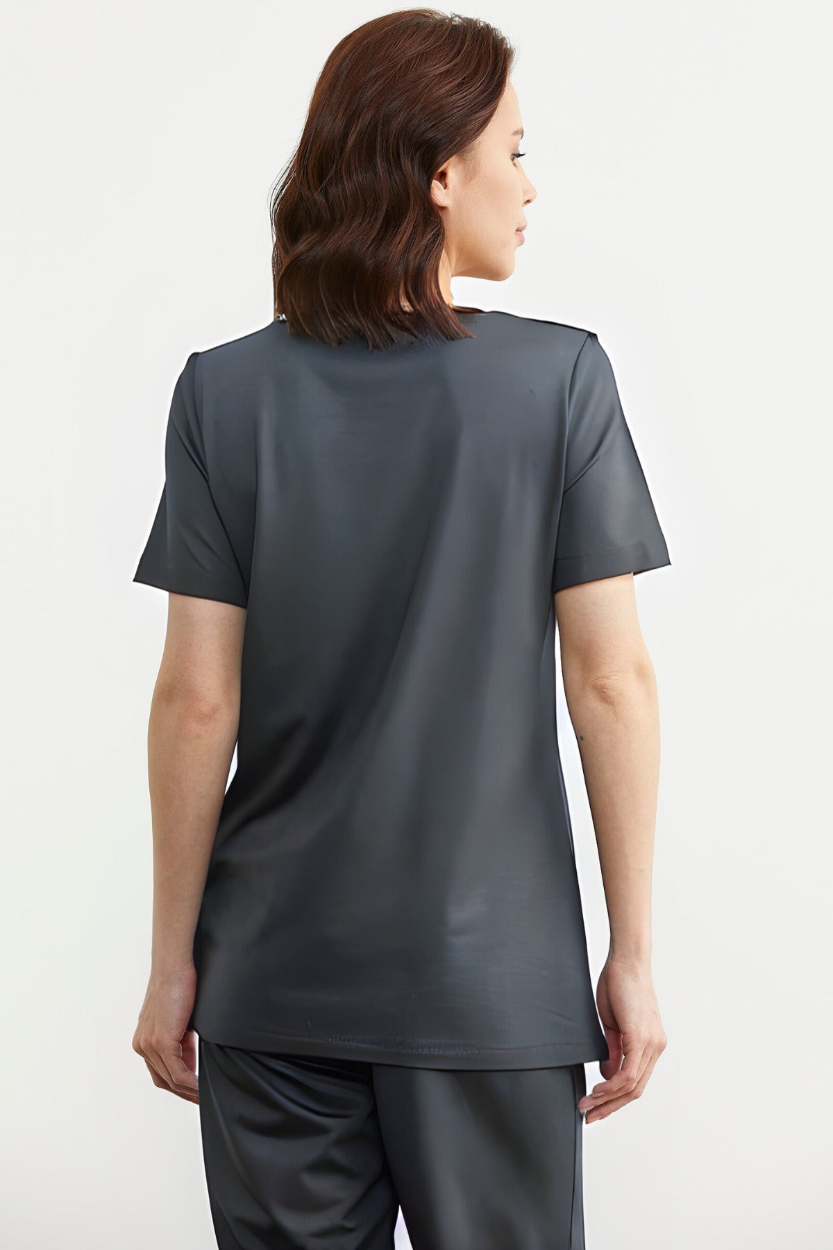 Kadın Oversize Bol Kesim Bol Paça Rahat Bisiklet Yaka Kısa Kollu Penye Takım - Füme - 3