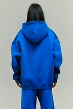Kadın Rahat Oversize 3 İ̇plik Pamuklu Şardonlu Kanguru Cep Kapşonlu Sweatshirt - Saks Mavi - 4