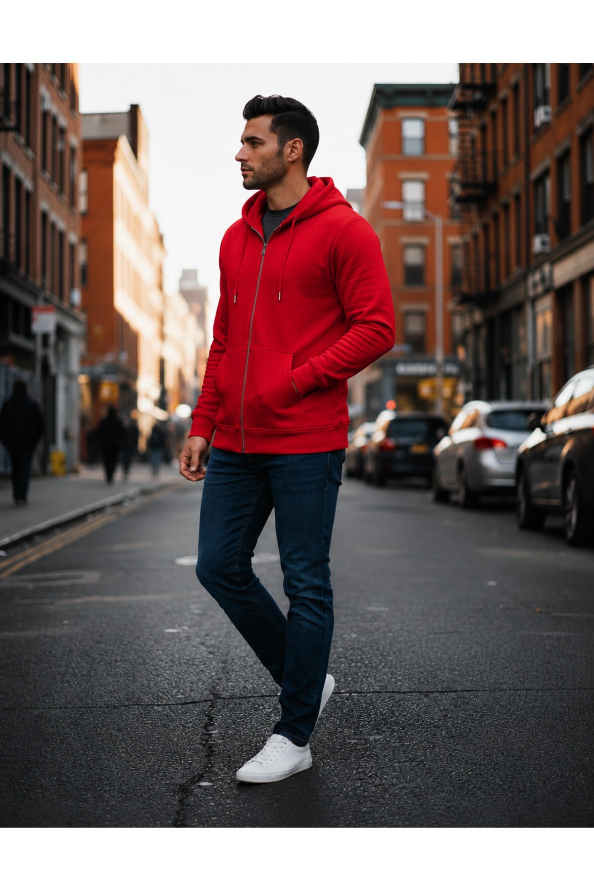 Erkek 3 İ̇pli̇k Şardonlu Oversi̇ze Fermuarli Sweatshirt Hirka - Kırmızı - 3