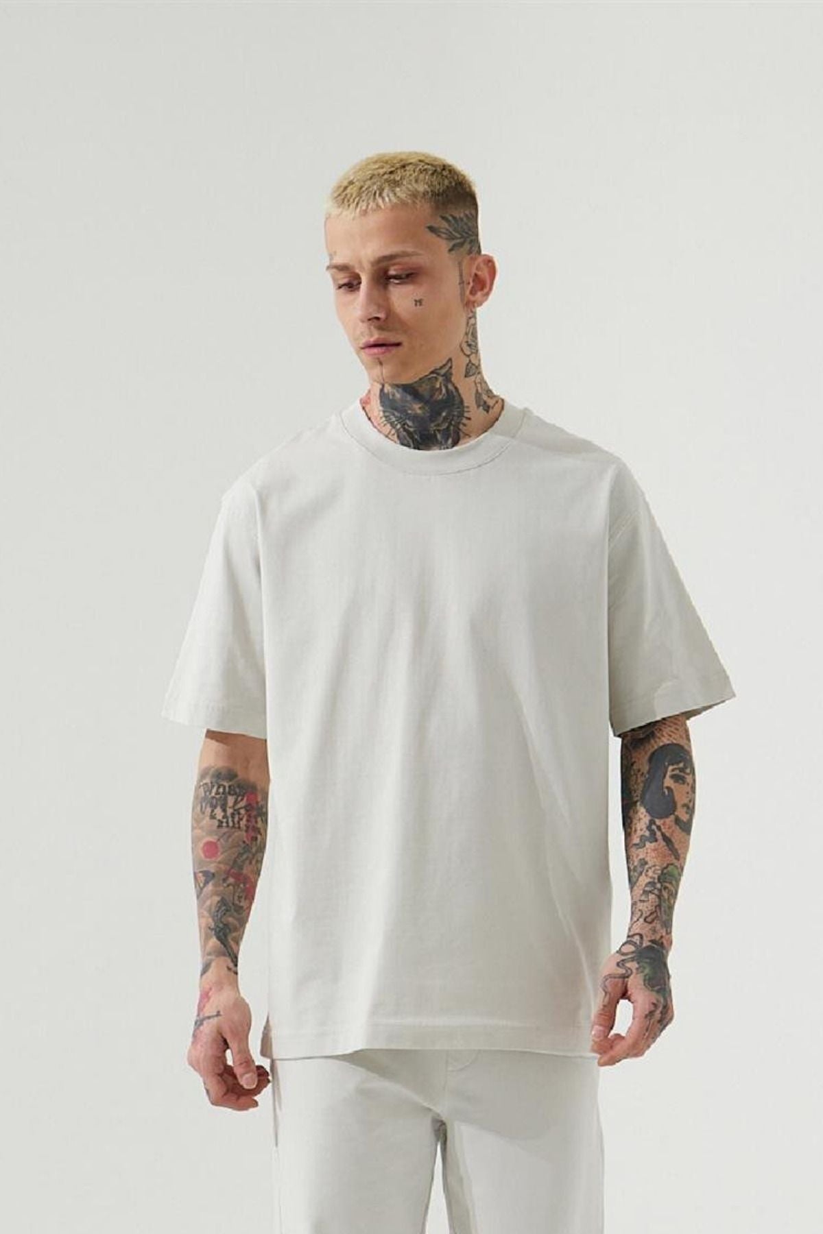 Erkek Oversize Rahat Penye T-shirt - Beyaz - 1
