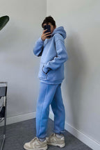 Kadın Oversize Trend Model Kanguru Cep Kapşonlu Sweatshirt Eşofman Takımı - Açık Mavi - 3