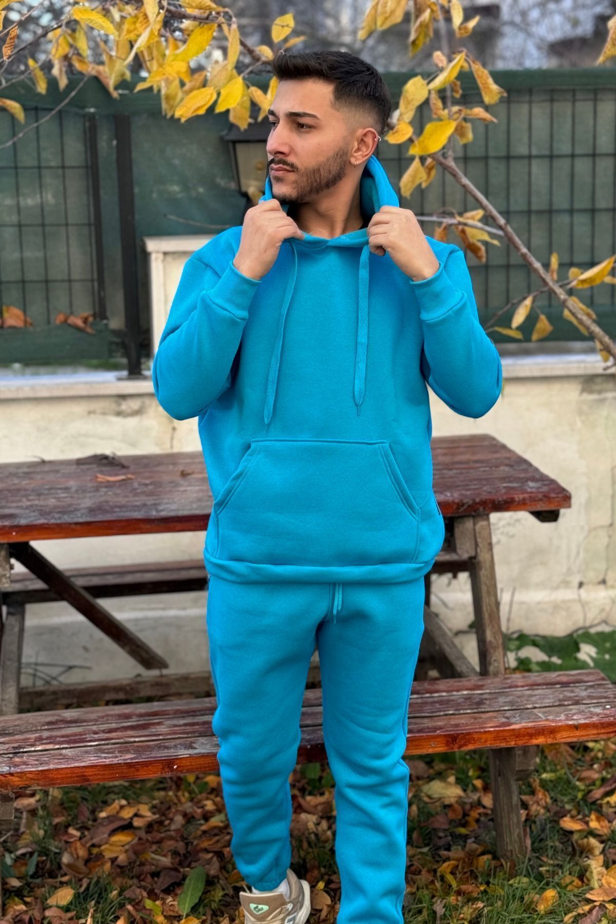 Ob Comfort Kapüşonlu Kanguru Cep Oversize Lastik Paça Turkuaz Eşofman Takımı - Turkuaz - 3