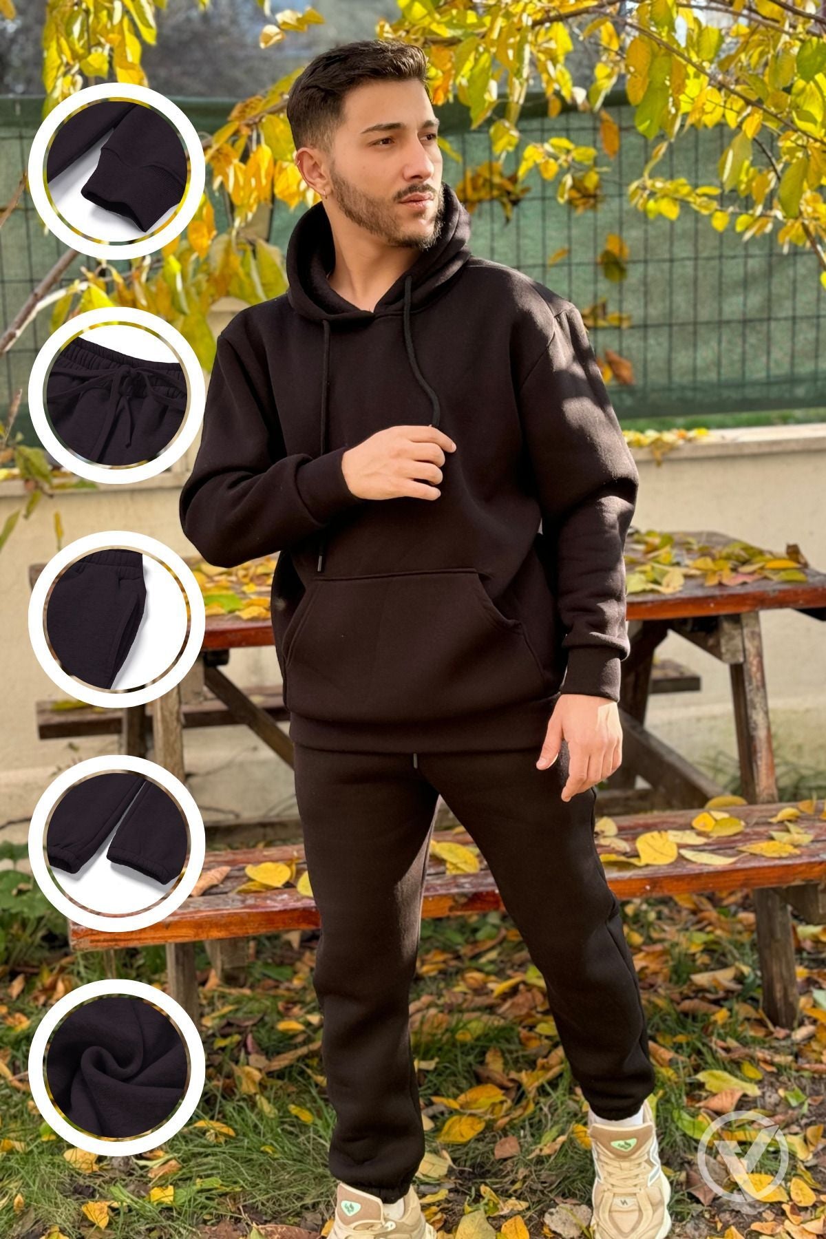 Ob Comfort Kapşonlu Kanguru Cep Oversize Lastik Paça Siyah Eşofman Takımı - Siyah - 1