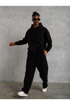 Erkek Siyah 3 İ̇plik Kapşonlu Kanguru Cep Hoodie Eşofman Takımı - Siyah - 3