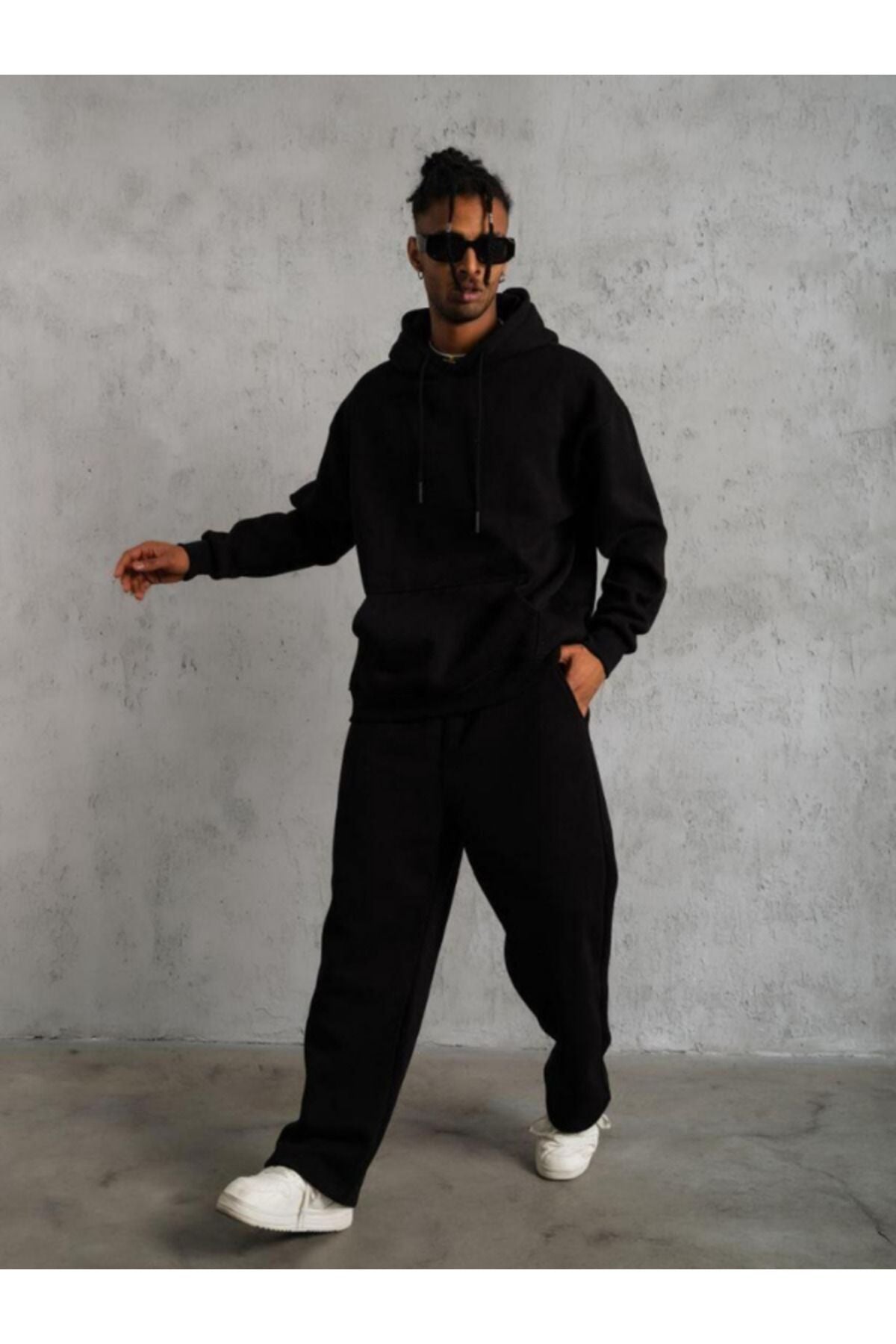 Erkek Siyah 3 İ̇plik Kapşonlu Kanguru Cep Hoodie Eşofman Takımı - Siyah - 3