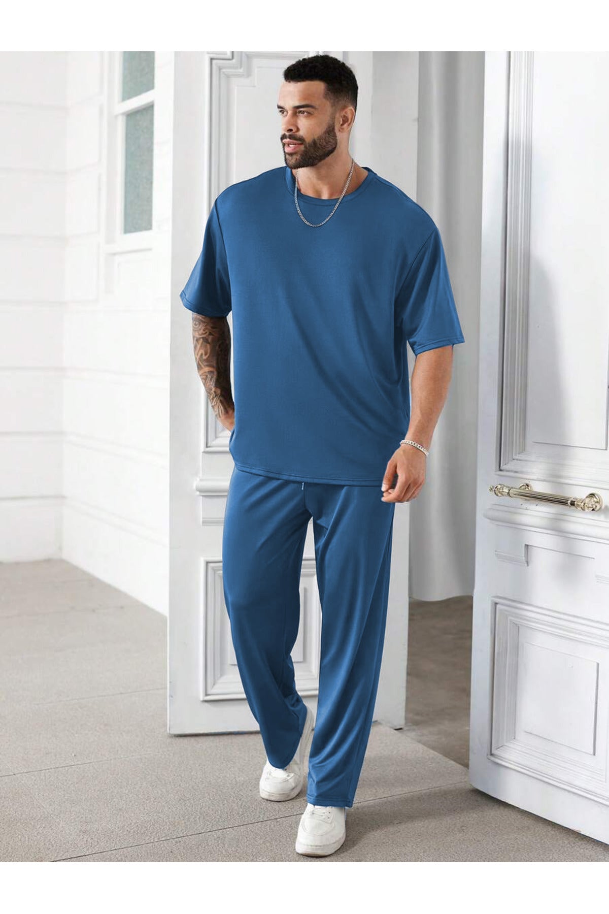 Erkek Bisiklet Yaka Pijama Takımı - Mavi - 1