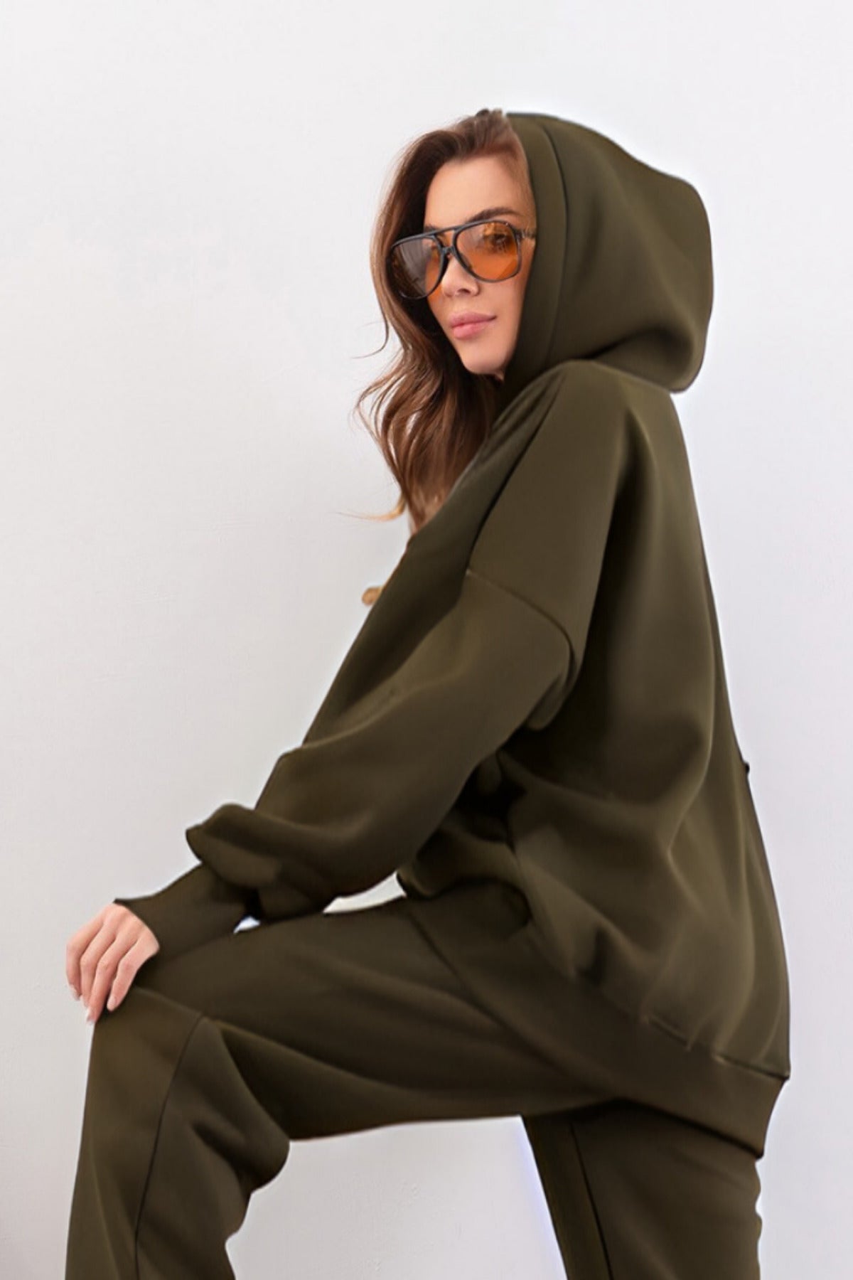Kadın Esnek Rahat Kalıp Basic Model Sweatshirt - Haki - 3