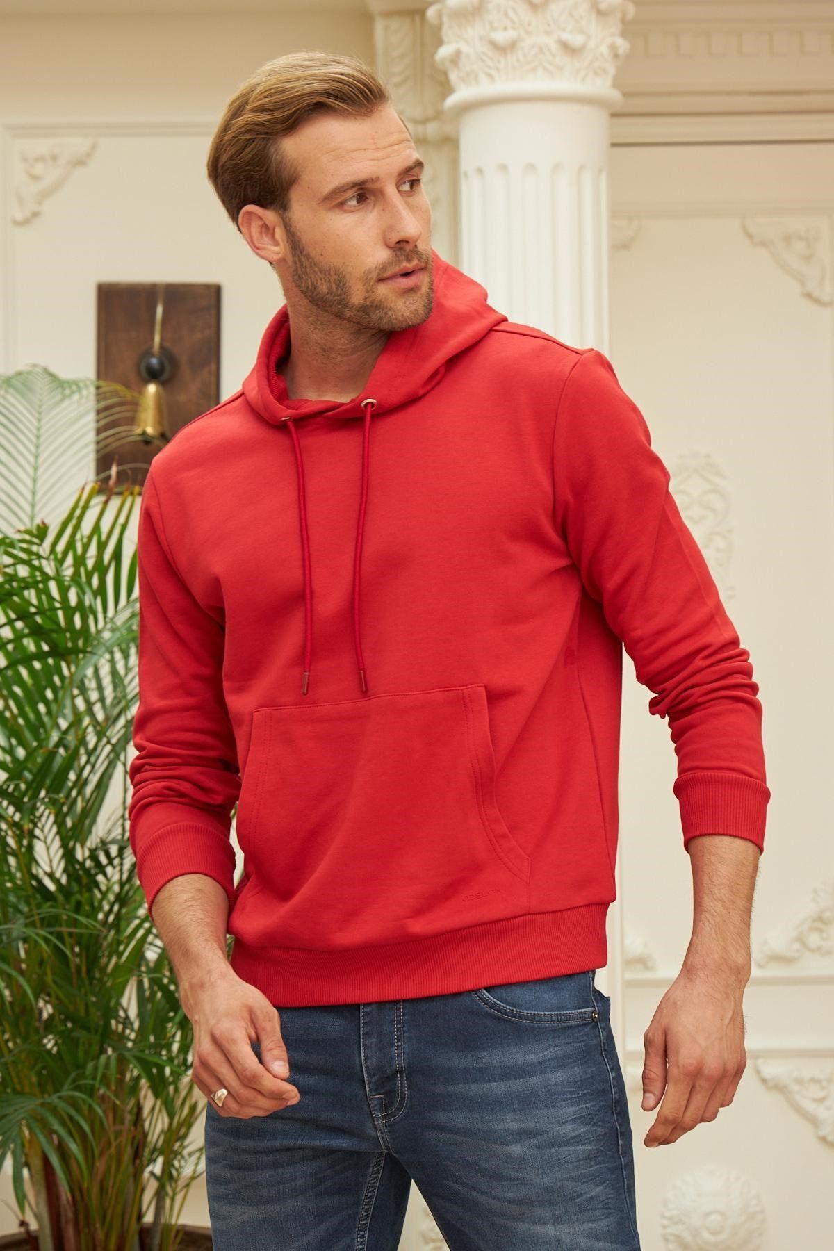 Erkek Kapşonlu Kanguru Cep Basic Sweatshirt - Kırmızı - 1
