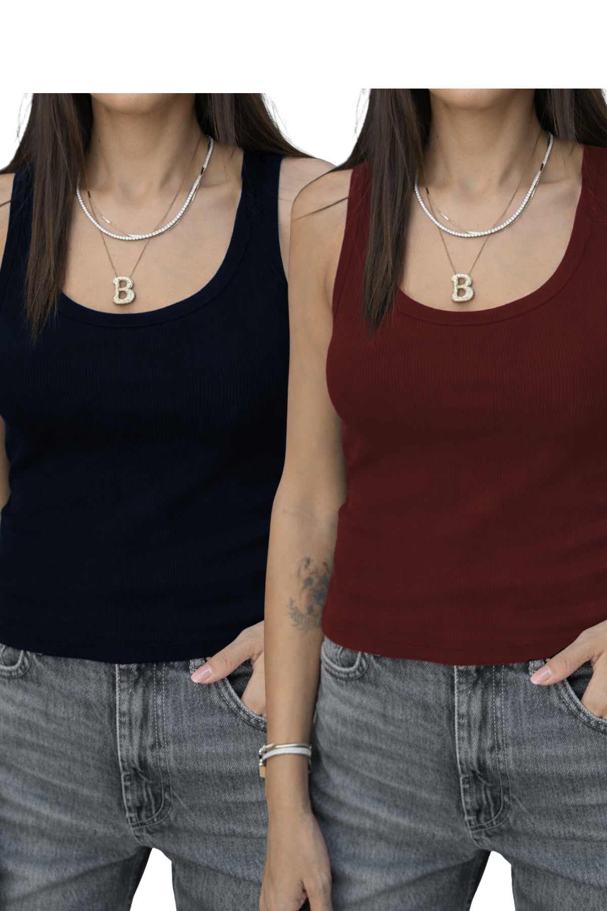 Kadin 2'li̇ Laci̇vert Ve Bordo Fi̇ti̇lli̇ Kalin Askili Esnek Atlet Body - Lacivert - 2