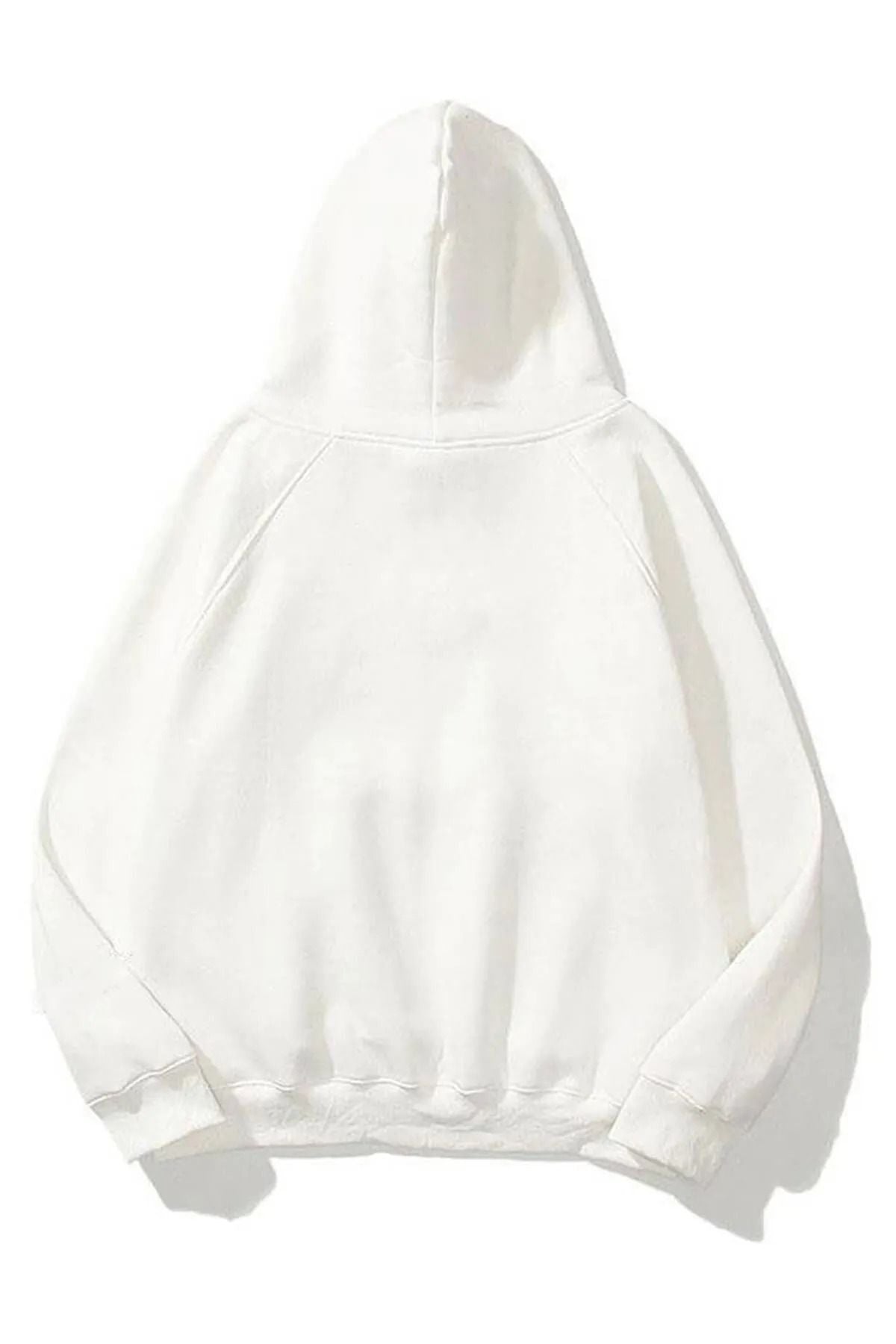 Unisex Oversize Kapşonlu Hoodie Pamuklu Beyaz Sweatshirt - Beyaz - 2