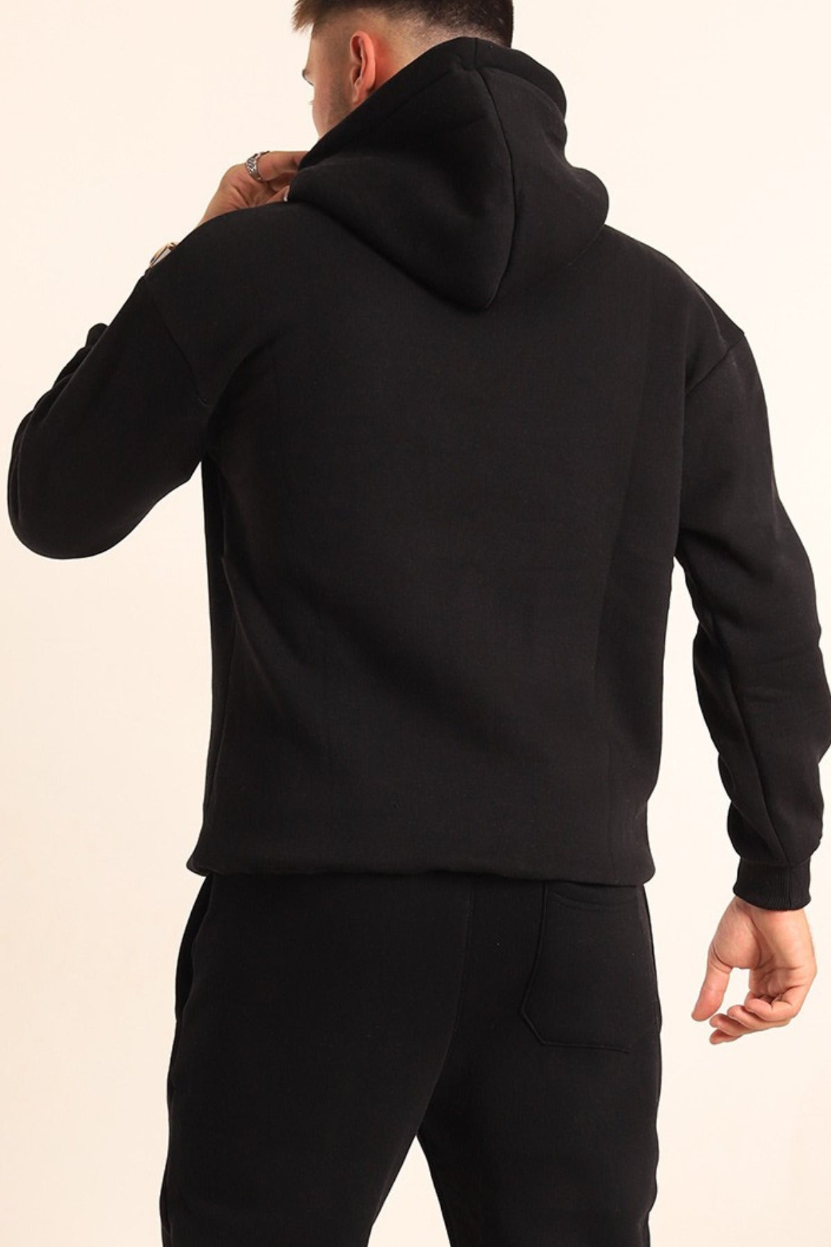 Erkek Rahat Kalın Pamuklu Kışlık Sweatshirt - Siyah - 3