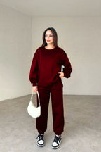Kadın 3 İ̇plik Oversize Bisiklet Yaka Eşofman Takımı - Bordo - 2