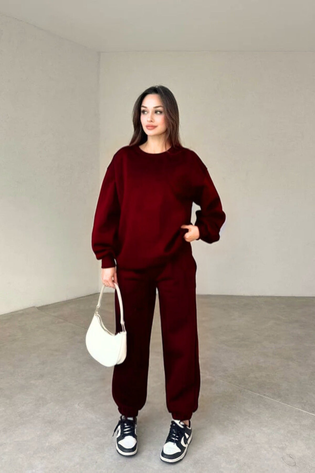 Kadın 3 İ̇plik Oversize Bisiklet Yaka Eşofman Takımı - Bordo - 2