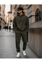 Erkek 3 İ̇pli̇k Oversi̇ze Kapüşonlu Kanguru Cep Lasti̇k Paça Jogger Eşofman Takimi - Haki - 1