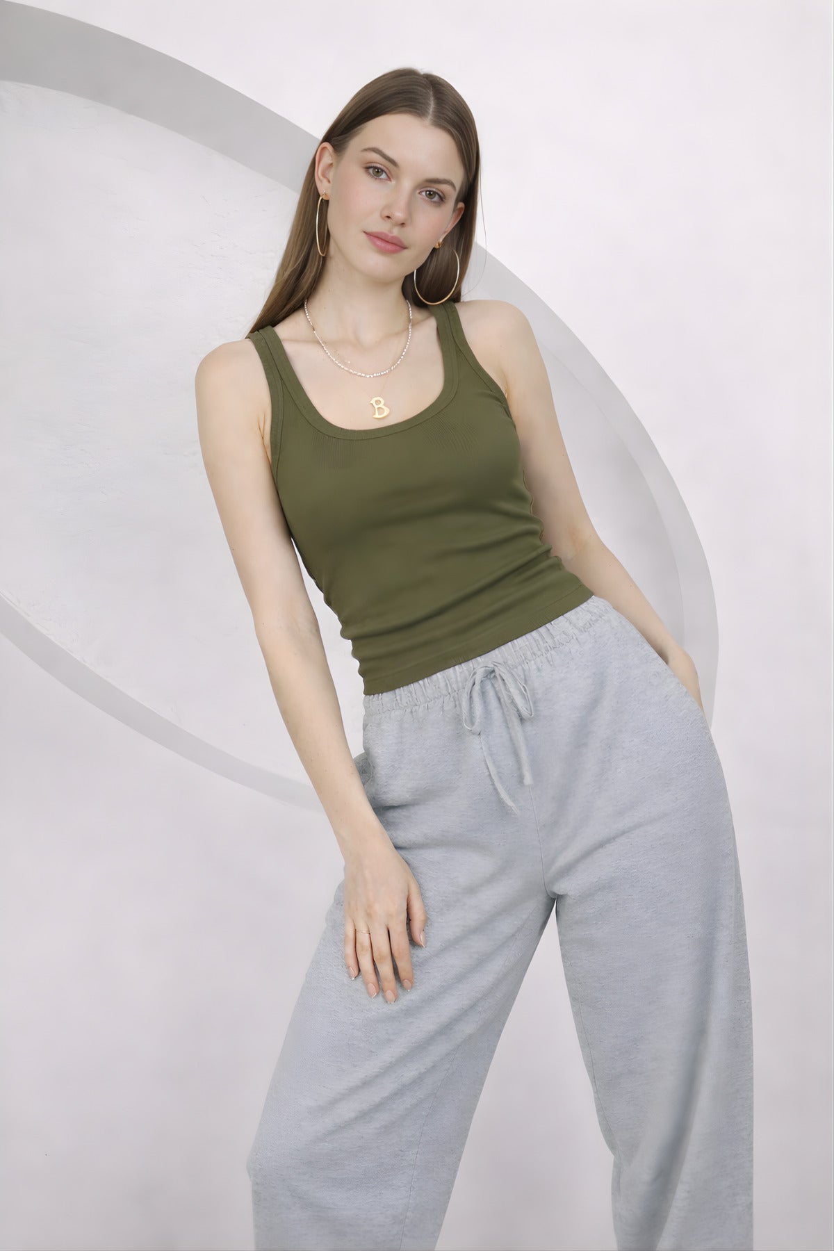 Kadin Fi̇ti̇lli̇ Kalin Askili Esnek Body Atlet - Açık Haki - 2