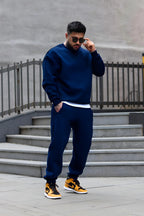 Oversize Pamuklu Kalın Bisikletyaka Eşofman Takımı - Lacivert - 3