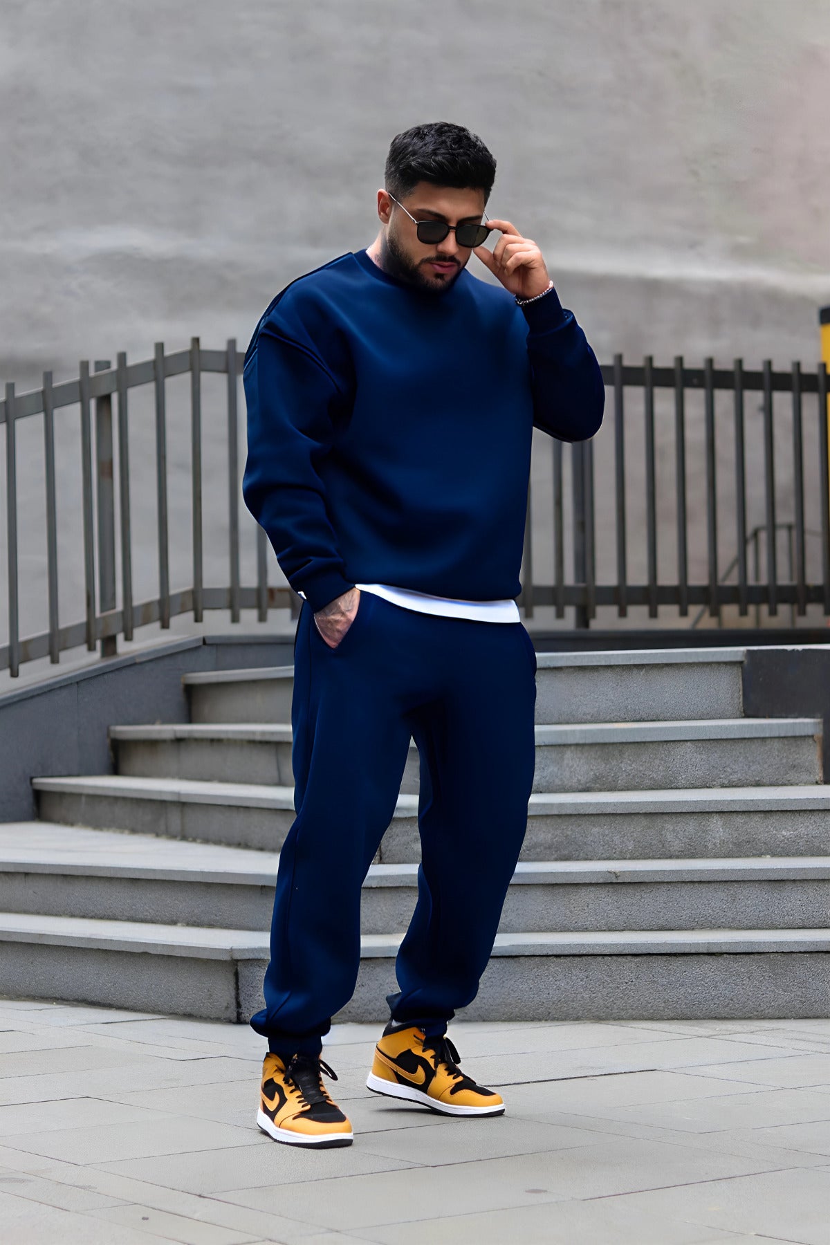 Oversize Pamuklu Kalın Bisikletyaka Eşofman Takımı - Lacivert - 3