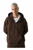 Erkek Basic Bej Unisex Tam Fermuar Sweatshirt Hırka - Kahverengi - 2