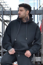 Erkek Oversize 3 İ̇plik Pamuklu Şardonlu Kanguru Cep Kapşonlu Kalın Hoodie Sweatshirt - Füme - 3