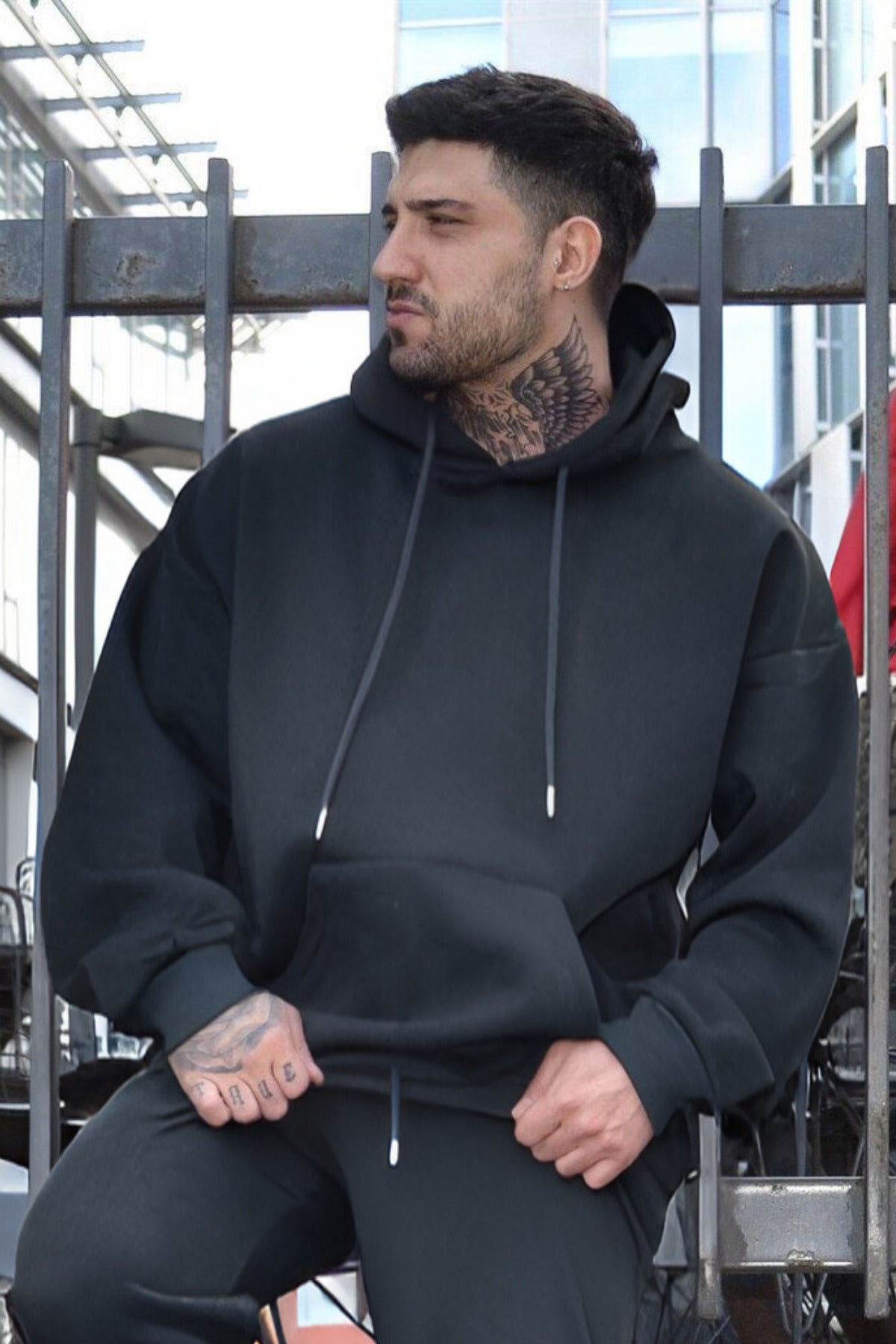 Erkek Oversize 3 İ̇plik Pamuklu Şardonlu Kanguru Cep Kapşonlu Kalın Hoodie Sweatshirt - Füme - 3