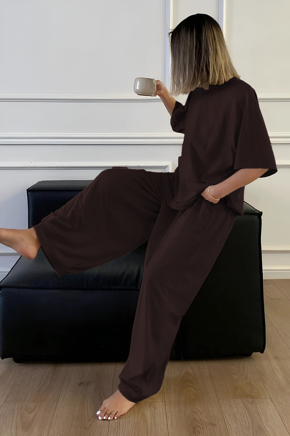 Kadın Bisiklet Yaka Yazlık Kısa Kollu Pijama Takımı - Kahverengi - 2