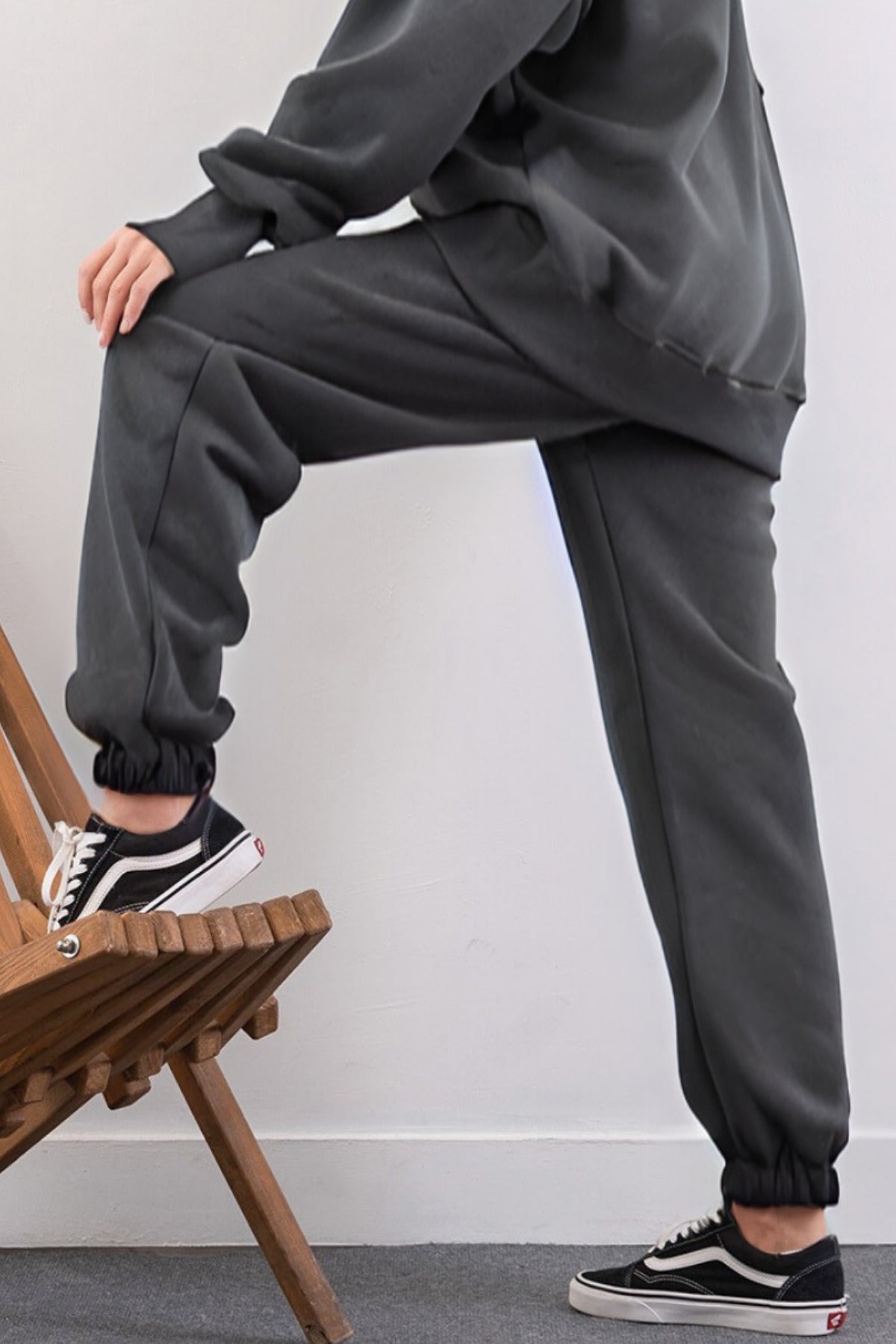 Kadın Yan Cepli Süper Yüksek Bel Geniş Kalıp Eşofman Altı - Füme - 3