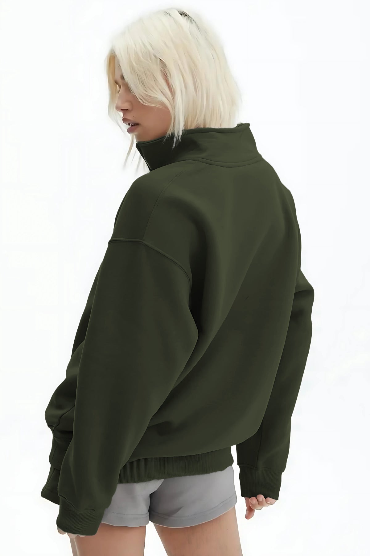 Kadın Yarım Fermuar Dik Yaka Uzun Kollu 3 İ̇plik Sweatshirt - Haki - 3