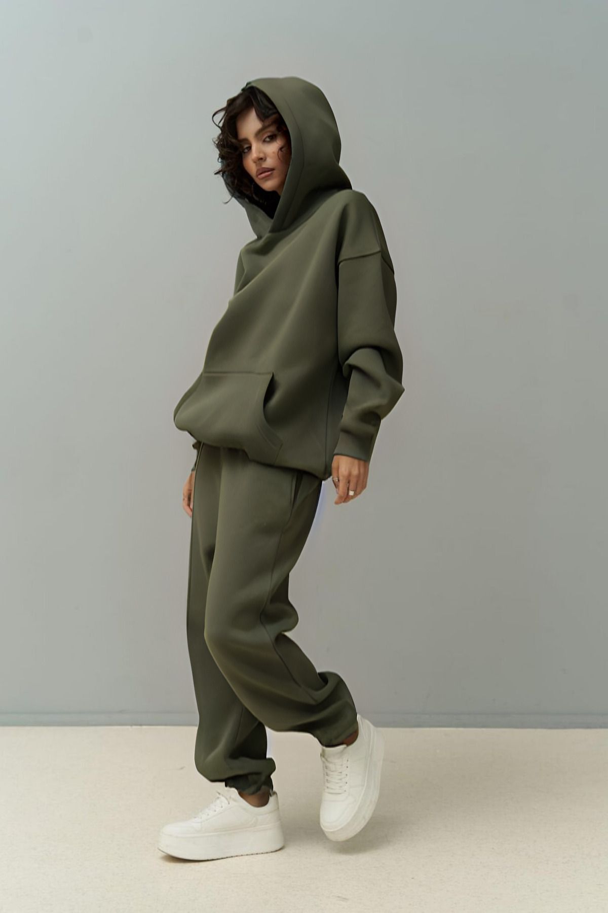 Kadın Eşofman Takımı Sweatshirt Jogger Haki̇ Oversize Şardonlu Kapüşonlu - Haki - 2