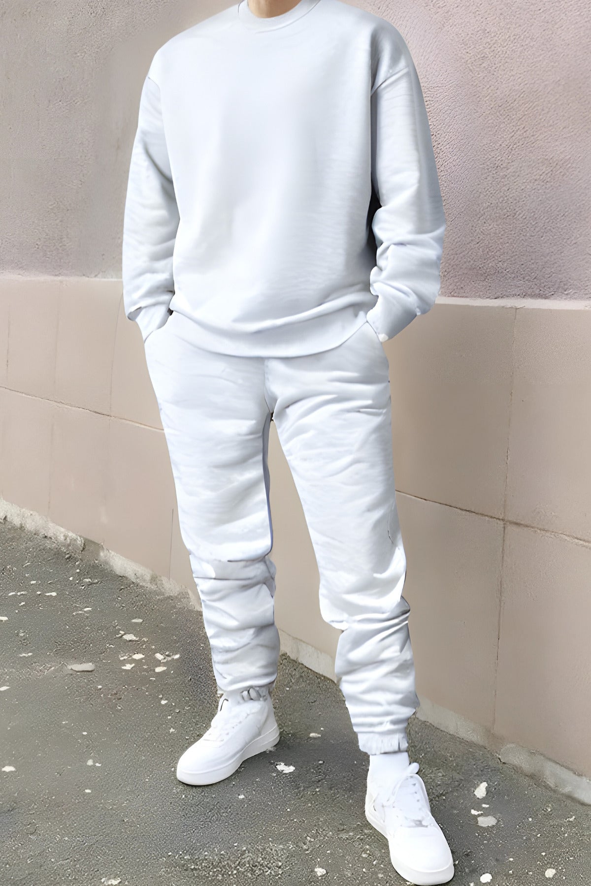 Oversize Rahat Kalıp Günlük Ve Spor Bisiklet Yaka Eşofman Takımı - Beyaz - 1