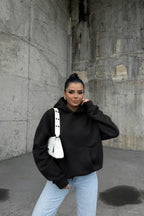 Kadin Si̇yah 3 İ̇pli̇k Oversi̇ze Rahat Günlük Yumuşak Kapüşonlu Sweatshirt - Siyah - 1