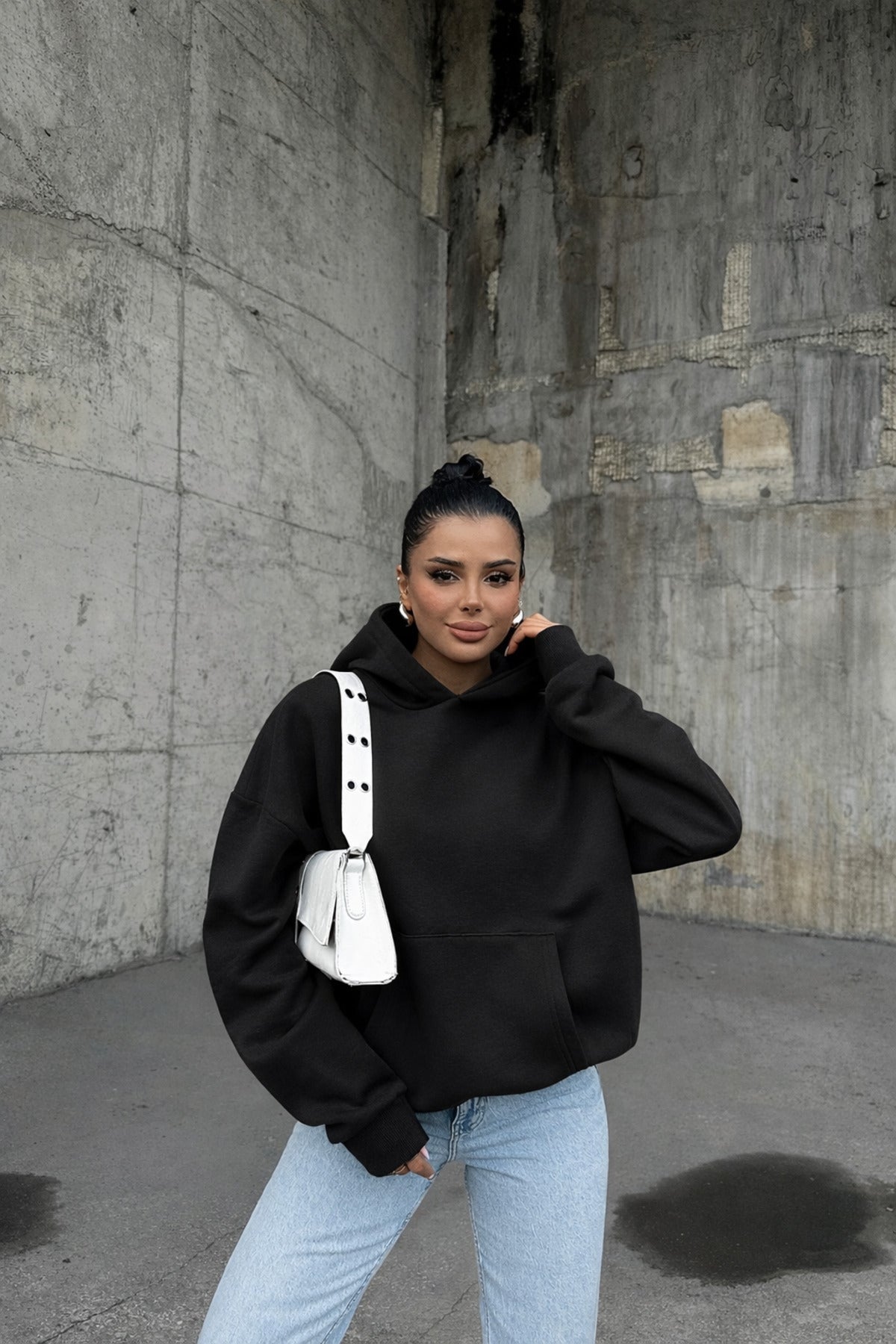 Kadin Si̇yah 3 İ̇pli̇k Oversi̇ze Rahat Günlük Yumuşak Kapüşonlu Sweatshirt - Siyah - 1