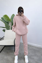 Kadın Oversize Trend Model Kanguru Cep Kapşonlu Sweatshirt Eşofman Takımı - Pudra Pembe - 1