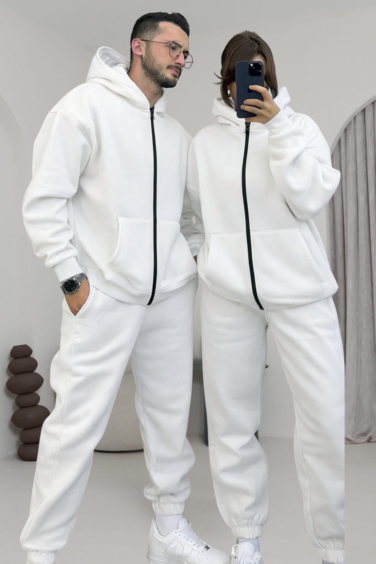 Çiftlere Özel Basic Oversize Kapşonlu Eşofman Takımı - Beyaz - 1