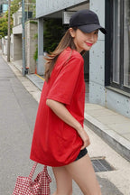 Kadın Oversize Penye Rahat Yazlık Kısa Kollu T-shirt - Kırmızı - 4