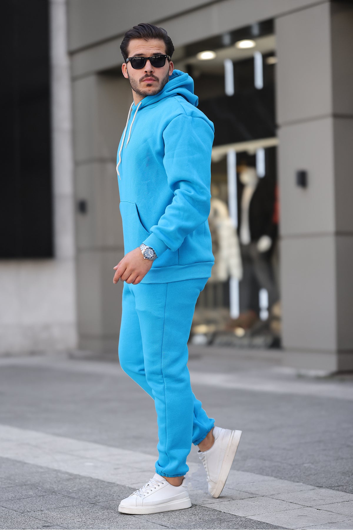 Erkek Bol Oversize 3 İ̇plik İ̇çi Pamuklu Kanguru Cep Kapşonlu Lastikli Paça Jogger Kış Eşofman Takımı - Turkuaz - 2