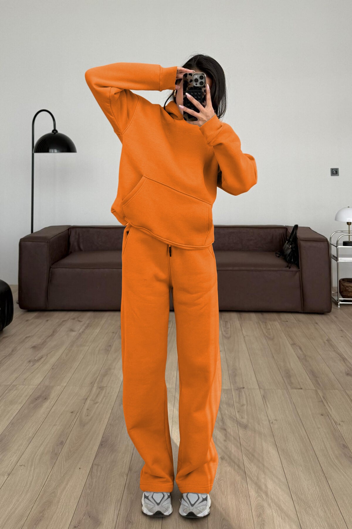Kadın Boyfriend 3 İplik Şardonlu Bol Paça Oversize Casual Takım - Turuncu - 1