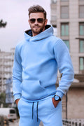 Erkek Bol Kesim Oversize 3 İ̇plik İ̇çi Pamuklu Şardonlu Kanguru Cep Kapşonlu Kışlık Hoodie Sweatshirt - Bebe Mavisi - 1