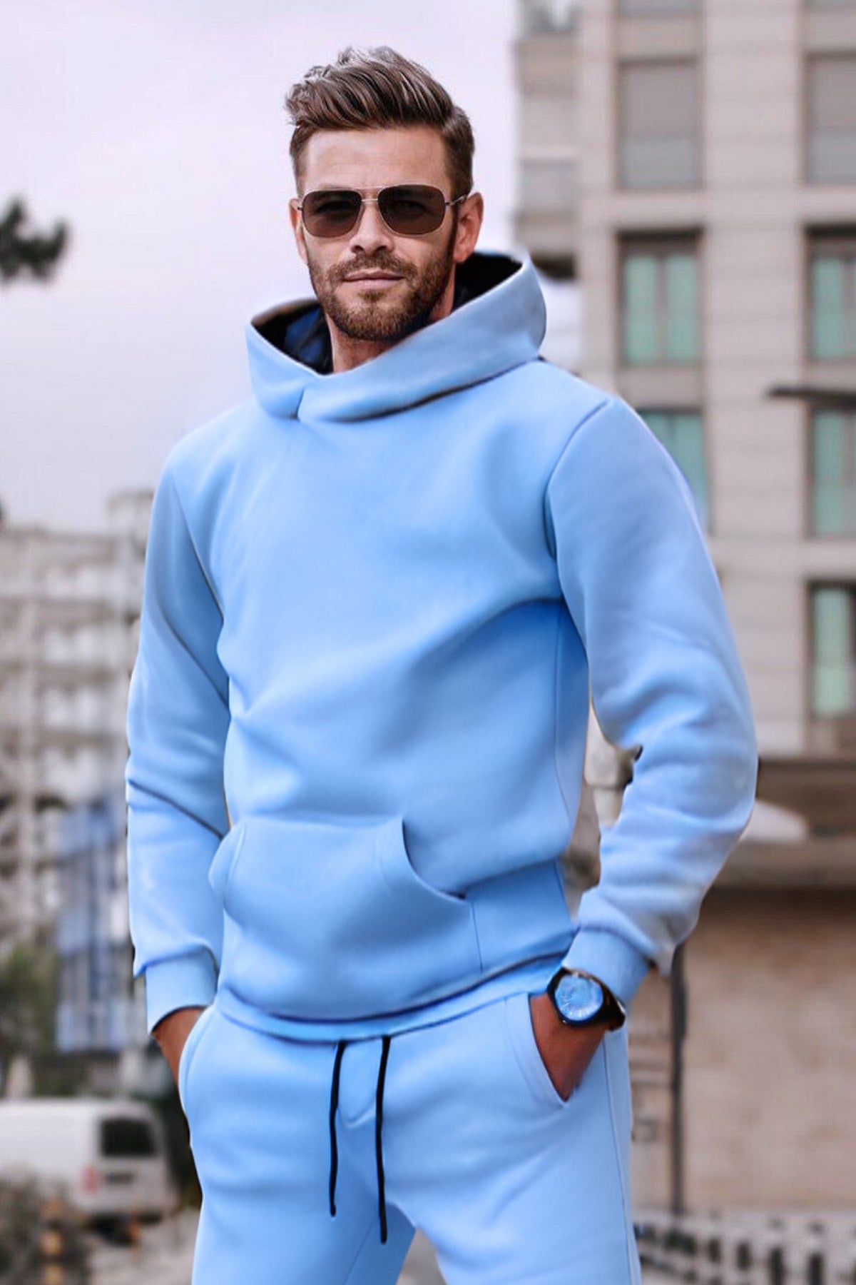 Erkek Bol Kesim Oversize 3 İ̇plik İ̇çi Pamuklu Şardonlu Kanguru Cep Kapşonlu Kışlık Hoodie Sweatshirt - Bebe Mavisi - 1