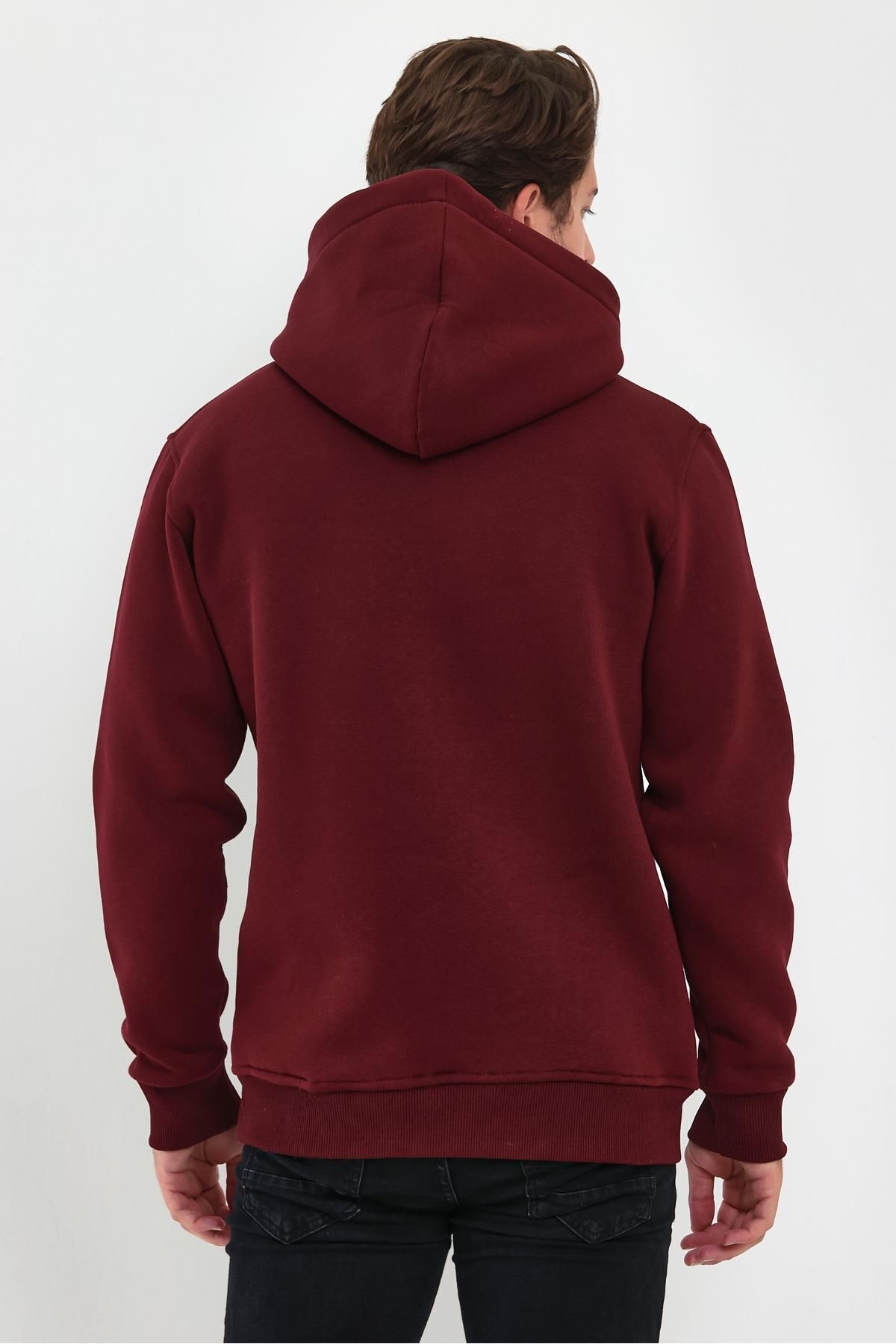 Erkek Kapşonlu Kanguru Cepli̇ 3 İ̇pli̇k Kalin Sweatshi̇rt - Bordo - 4