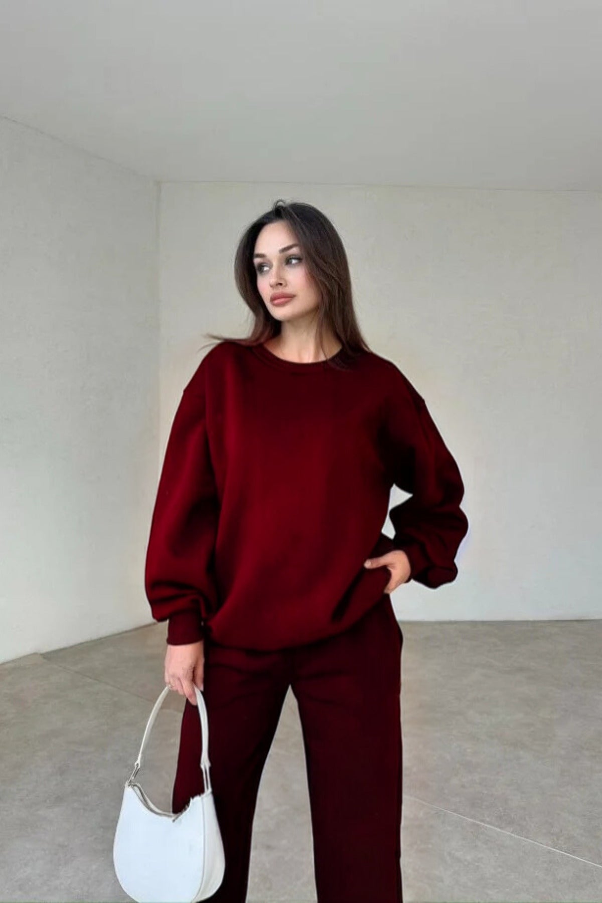 Kadın 3 İ̇plik Oversize Bisiklet Yaka Eşofman Takımı - Bordo - 1