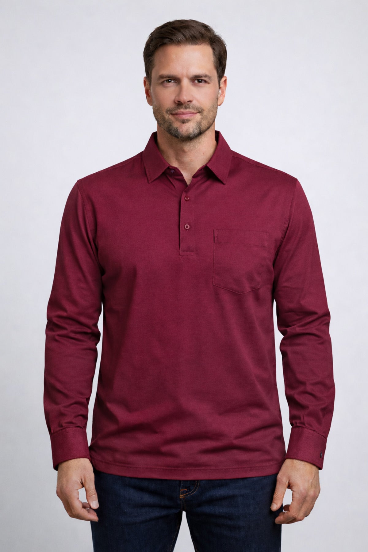 Erkek Gömlek Yaka Uzun Kollu Cepli Basic Geniş Kalıp Tişört Regular Fit - Bordo - 1