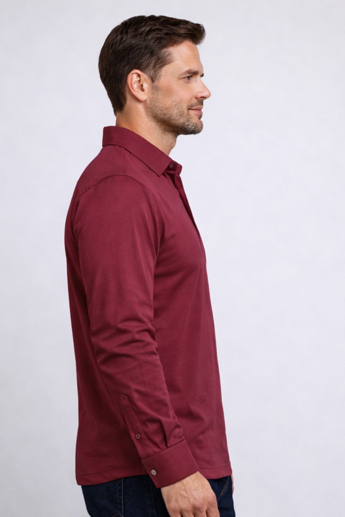 Erkek Gömlek Yaka Uzun Kollu Cepli Basic Geniş Kalıp Tişört Regular Fit - Bordo - 2