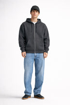 Erkek Oversize Bol Kapşonul Cepli Hoodie Hırka - Füme - 2